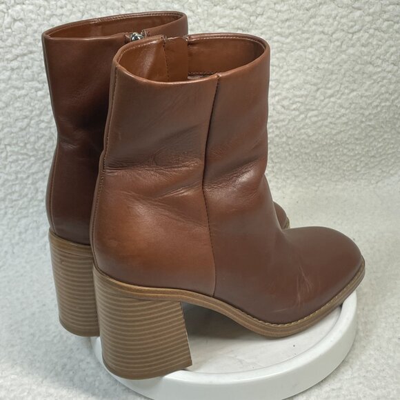 Marc Fisher Size 7.5 M Brown Leather Square Toe Block Heel Cushioned Booties - Picture 2 of 10